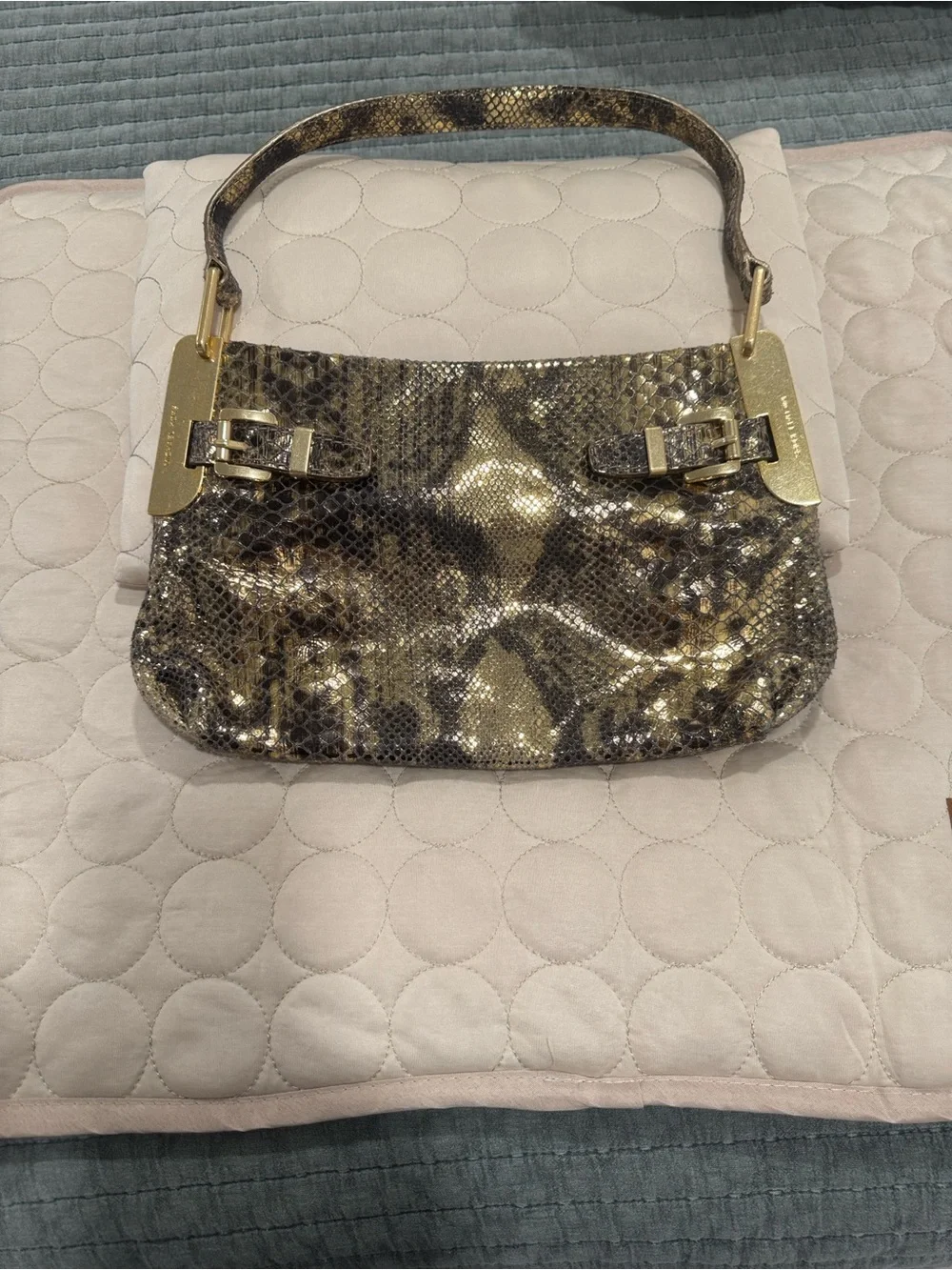 Gold Snake-Print Shoulder Bag with Metallic Hardware